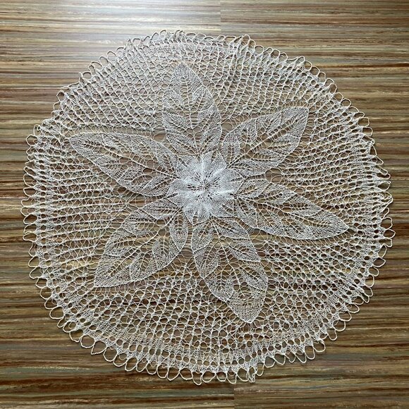Hand Knit Lace Flower Star Round Tablecloth Vintage White Delicate Doily 42" - Picture 1 of 4